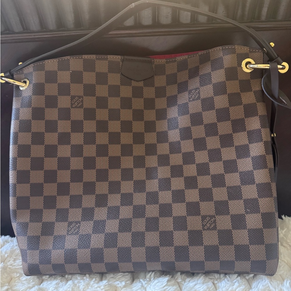 Louis Vuitton Brown Checkered Shoulder Bag with Gold Hardware